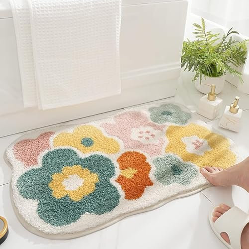 FANSU Teppich rutschfeste Weiche Badezimmerteppich, Teppich Wohnzimmer in Shaggy Rechteck Badematte Maschinenwaschbar Fussmatte für Badezimmer, Wohnzimmer (50x80cm,Bunte Blume)