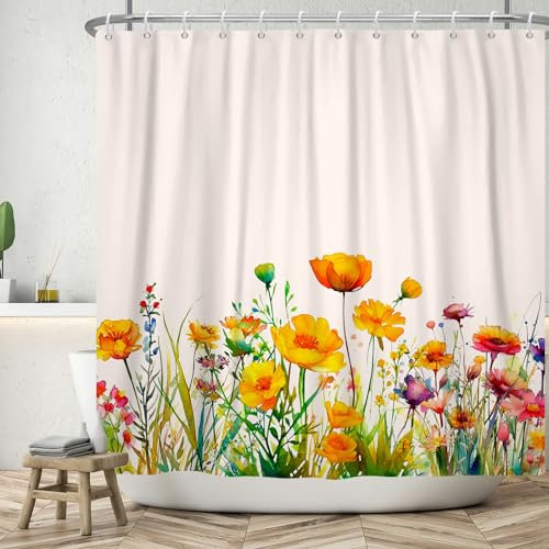 ASDCXZ Rideau de Douche Fleurs 240x180 cm, Aquarelle de Printemps Jaune Violet Rouge Fleurs colorées Feuilles Vertes Rideaux Douche de Lavables Rideau de Douche en Textile imperméable