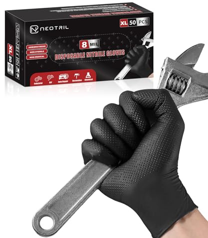 NEOTRIL 8 Mil Heavy Duty Disposable Nitrile Gloves with Raised Diamond Texture Grip Rubber Gloves, Latex & Powder Free Mechanic Gloves for Household Cleaning, Black | 50 Pcs