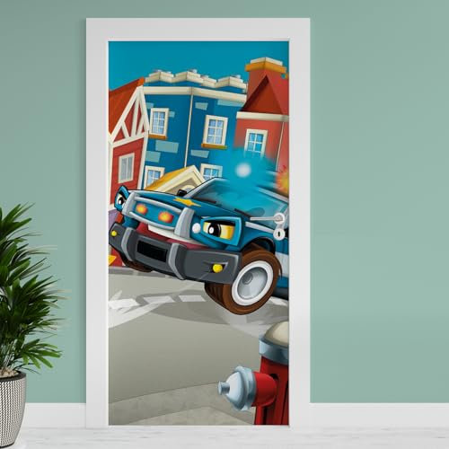Finest Folia Türfolie 90x200 cm Türtapete Türposter Folie für Tür Wohnzimmer Kinderzimmer Küche Türaufkleber Bad Aufkleber selbstklebend TF04 (28 Polizeiauto)