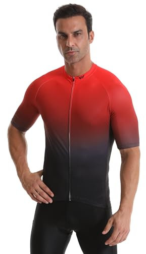 Wulibike Mens Cycling Jersey Top, Full Zip Breathable With Pockets, Red to Black Gradient, Size L