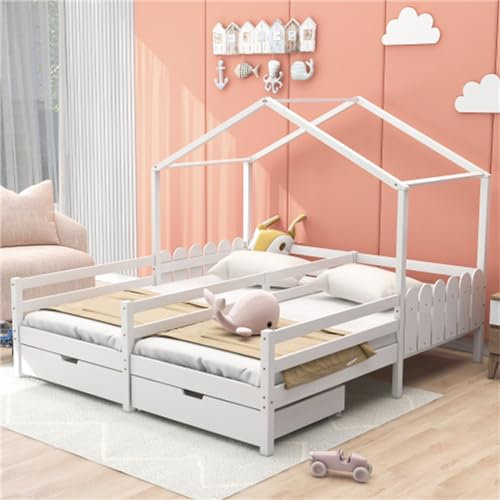 Kinderbett in Form eines Daches, teilbares Doppelbett, Zwei Schubladen unter dem Bett, Schubladen auf Rollen, dreiseitige Umzäunung als Sturzschutz, weiß, 200x90 cm