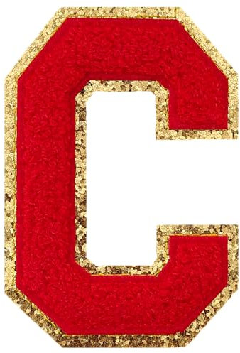 GYGYL 3PC Chenille Glitters Letter Patches, Iron On, Large Size, Red Letter C