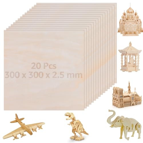 ZOFUN 20 Pcs Plywood Sheets 2.5 mm, Unfinished Plywood Sheets 300 x 300 mm, Wooden Veneer Plywood Sheets Cut to Size, Craft Sheetsfor Modeling Crafts Painting Engraving