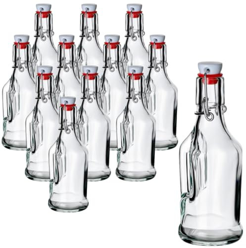 gouveo Lot de 12 bouteilles en verre de 250 ml avec bouchon mécanique et anse – Bouteilles vides à remplir et à offrir – Idéales pour liqueur, sirop, jus, smoothie, huile, vinaigre (BF250H)