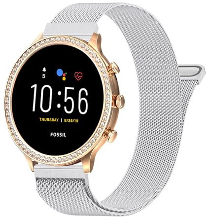 Fossil 18mm Watch Band Compatible with Gen 6 Women 42mm / Gen 5E 42mm Women, Quick Released Stainless Steel Metal Mesh Replacement Wristband Bracelet Strap for Fossil Smartwatch, Silver