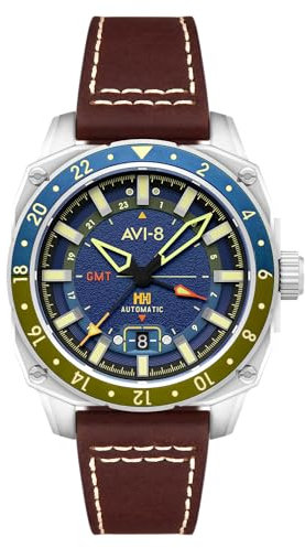 AVI-8 Hawker Hunter Atlas GMT Automatikuhr für Herren, 44 mm, mit Lederband, AV-4122, Erdblau, Armband
