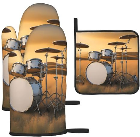 BROLEO Kitchen Baking Set of 3 - Oven Mitts and Topflappen for Anti-Scalding Heat Insulation Music Drum in Field Prints