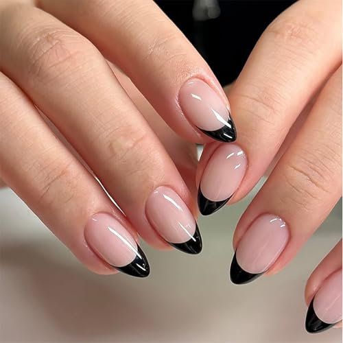 24pcs Black False Nails French Tip - Nude Press on Nails Long Almond - Strong Fake Nails with Glue - Gothic Stick on Nails - Full Cover Nail Tips and Glue for Women French Nail Art
