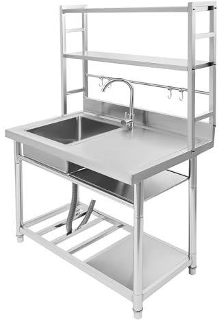 Levkitch Lavello Cucina con Tavolo in Acciaio Inox,1 vasca Lavandino, Piano di Lavoro con Rubinetto e piano di lavoro e ripiani e ganci a più piani per Interni Esterni (bacino sinistro)