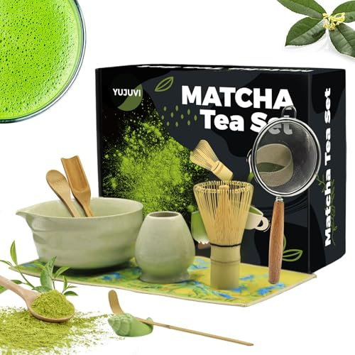 YUJUVI Matcha Tea Set Matcha Set 9-Teiliges Set Matcha Besen Matcha Schale mit Auslauf Japanisches Matcha Tea Set Matcha Besenhalter, Sieb, Schaufel, Tea Set (Farbverlauf Grün Set)