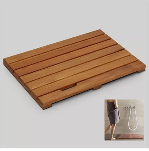 Badematte aus Teakholz, rutschfest, für drinnen und draußen, Spa, Sauna, Camping, Khaki, B 80 x L 100 cm