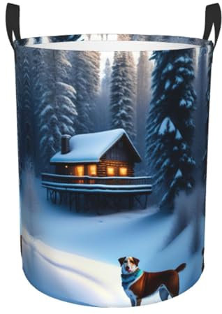 Kleiner runder Wäschekorb, Aufbewahrungskorb, Holzhaus und Hund im Schnee, Stoffeimer für schmutzige Kleidung, Badezimmer, Schlafzimmer, Heimdekoration