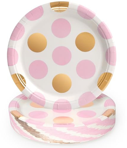 PARTY GO Partygeschirr 50 Stück, Polka Rosa Gold Pappteller Kindergeburtstag, Partygeschirr Set 23cm Pappteller, Pappgeschirr für 50 Gäste für Geburtstagsdeko Junge Mädchen Partys