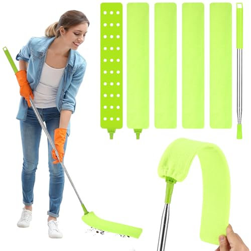 Bixury Ausziehbares Staubreinigungsartefakt Retractable Gap Dust Cleaner Staubwedel Flach Dust Cleaner mit Edelstahl Teleskop Stange und 4 Abwaschbaren Tüchern für Unter Sofa Schränke Bett (Grün)