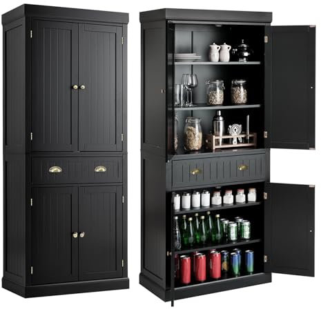 COSTWAY Küchenschrank aus Holz, Buffetschrank mit Verstellbarer Regalen, 4 Türen & Schubladen, Hochschrank Küchenbuffet freistehend für Küche, Esszimmer, Wohnzimmer, 76 x 40 x 183cm, Schwarz
