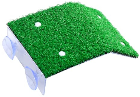 Bojueshaw Plateforme flottante pour tortue avec ventouses, gazon naturel, terrasse de repos pour reptiles avec rampe pour aquarium, tortues, crabes et reptiles (19 x 12 cm)