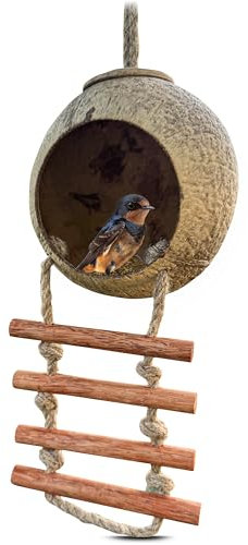 Namture Handgefertigtes Vogelhaus aus Kokosnuss – recycelte Kokosnussschale, Vogelfutterstation im Leiterstil, wetterfester Nistkasten für kleine Vögel, Reptilien, Garten- und Tierliebhaber