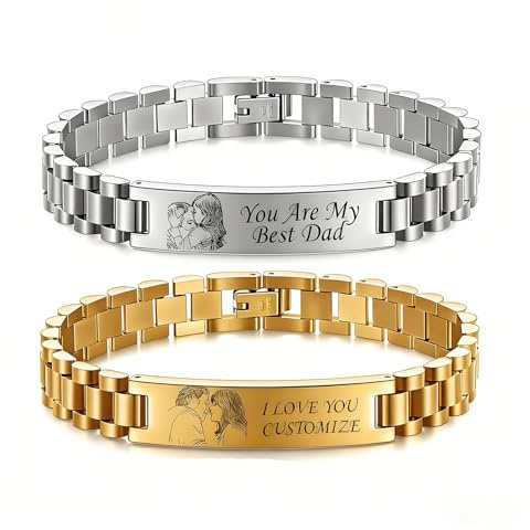Kundenspezifisches Bildarmband Personalisierte Foto-Paar-Armbänder für Sie und ihn-Skizze Text Gravierbare ID Gliederkette Zirkonia Armband Anpassen für Männer Frauen BF und GF (Mehrfarbig-10mm-1PC)