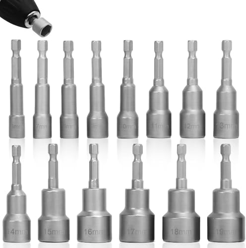 14 Stück Steckschlüsselsatz, 6-19mm Magnetische Hex-Steckschlüssel Adapter 1/4 Zoll, Profis Akkuschrauber Bitsatz Stecknuss Set, Elektro Schrauber Stahlkonstruktion Werkzeug für Werkstatt & Heimwerker
