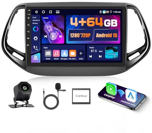 Hikity 4+64G 10.1 Autoradio Android per Jeep Compass 2017-2020 | IPS Touchscreen Wireless Carplay Autoradio 2 DIN GPS Navi Bluetooth 5.0 5G WiFi FM/RDS Retrocamera Comandi al Volante 4+64G