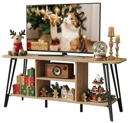Manora Curved Metal Frame TV Stand with 2-Tier Middle Storage Compartment (Bright brown)