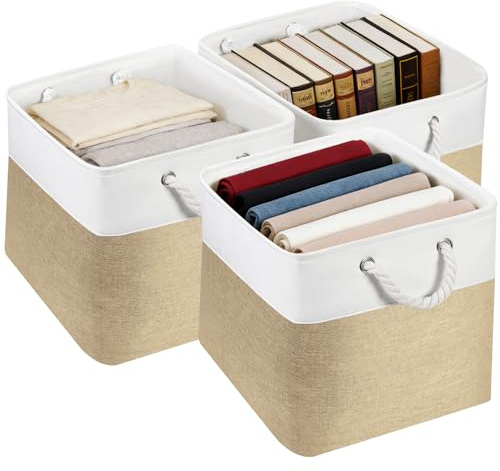 JUNLAI 3 Pack Fabric Storage Boxes, Kallax Storage Boxes 33 x 38 x 33 with Handles, Foldable Large Storage Basket for Office & Home, Book, Clothes, Toys(Khaki-White)