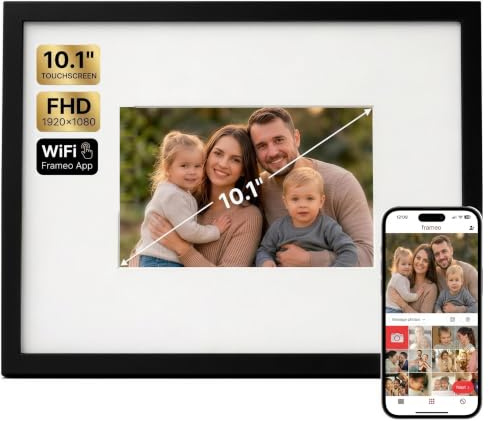 Americanflat 10,1 Zoll WiFi Digitaler Bilderrahmen in echt mattiertem 15x18 Rahmen - Touchscreen, Senden von Fotos & Videos über Frameo App - Wand oder Tischplatte - Geschenk für Großeltern - Schwarz