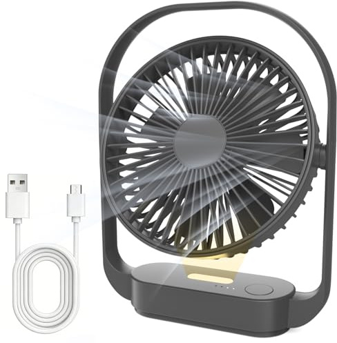SURFOU Ventilatore da Tavolo 4000mAh, Senza Fili, 4 Velocità, 2 Modalità Luce Notturna, Ricaricabile USB-C, Fino a 20 Ore di Autonomia, Silenzioso, per Camera, Comodino, Ufficio e Viaggi, Nero