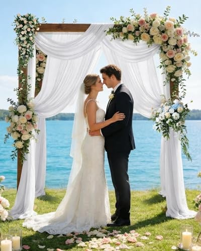 ugaxhome 2 Stück 75x600cm Hochzeit Vorhang Chiffon-Stoff Hochzeitsbogen Traubogen Vorhang Querbehang Hochzeits Hintergrund Volant Vorhäng Hängender Effekt für Hochzeit Fotografie Torbogen (Weiß)