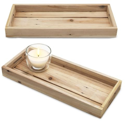 Holztablett Natur rechteckig mit Rand 38 x 16 cm - 2er Set | Echtholz Tablett naturbelassen für Weihnachten Advent Hochzeit, Landhaus Dekotablett Kerzentablett aus Naturholz