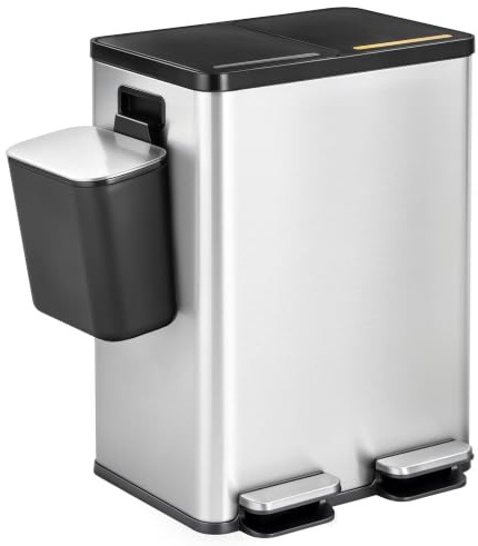 Hzuaneri Mülleimer Küche, 2 x 30 L+7 L, Mülltrennsystem 2 Fächer mit 7 L Komposteimer, Abfalleimer mit Soft-Close-Deckel und Pedal, Inneneimer Herausnehmbar, Edelstahl, Aufkleber, Silber SW23299E