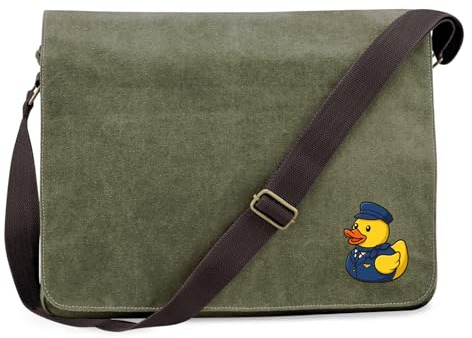 Huuraa Umhängetasche Quietscheente Stewardess Gummiente Flugbegleiterin 14 Liter Military Green Canvas Laptoptasche Geschenkidee