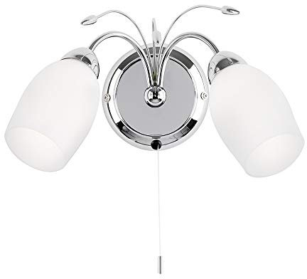 Albert Decorative Wall Light – Dimmable Indoor Home Lights - Wall Light With Pull Chord Switch – Led Sconce 40W Twin Wall Lamp – IP44 Rated Hallway Lamp - E14 White Lampshade – Chrome