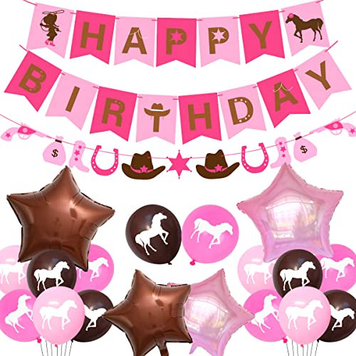 Kreatwow Western Cowgirl Partydekorationen Pferd Geburtstagsparty Zubehör für Mädchen mit Cowgirl Girlande Alles Gute zum Geburtstag Banner Pink Latex Luftballons
