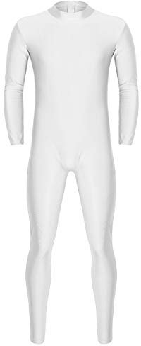 MSemis Erwachsenen Einteiler mit Reisverschluss für Männer Langarm Unterwäsche Ganzkörperanzug Stehkargen Tanzbody Turnanzug Ganzanzug Leotard Weiß 2XL