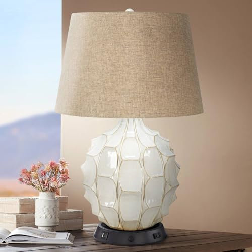 Possini Euro Design Cosgrove Mid Century Modern Coastal Table Lamp with USB Port 26.5 High White Ceramic Light Brown Linen Drum Shade Decor for Living Room Bedroom House Bedside Nightstand Home