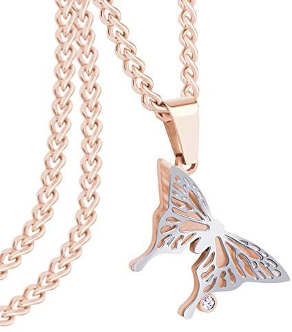 555Jewelry Stainless Steel Cubic Zirconia 3D Butterfly Necklaces for Women, Beautiful Delicate Cute Necklace for Women, Simple Butterflies Necklace for Ladies, 16 Inch, Rose Gold