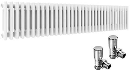 ELEGANT Cast Iron Style 3 Column Radiators Traditional Triple Bar White Horizontal Designer Colosseum Rad 300 x 1505mm with Valves Chrome