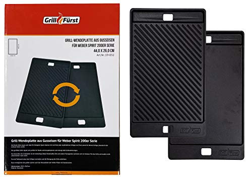 Grillfürst Universal Gusseisenplatte Grill 44,2 x 26,4 cm - Massive Gusseisen Grillplatte mit großen Griffen, Gussplatte beidseitig verwendbar, geeignet für die Weber Spirit 200er Serie