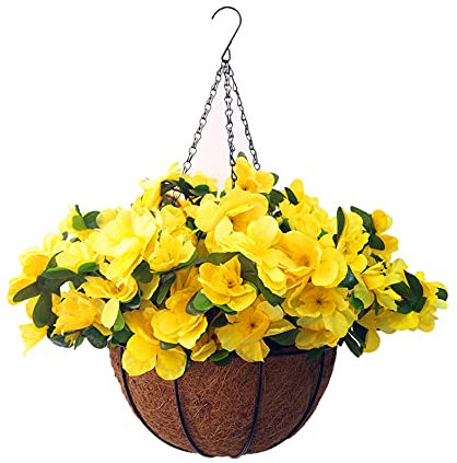 DIY gelbe Rhododendron künstliche Blumen Azaleen gefälschte Seidenblumen niedliche Kette Hängekorb mit Blumentopf drinnen und draußen Garten Balkon (kleiner Korb)