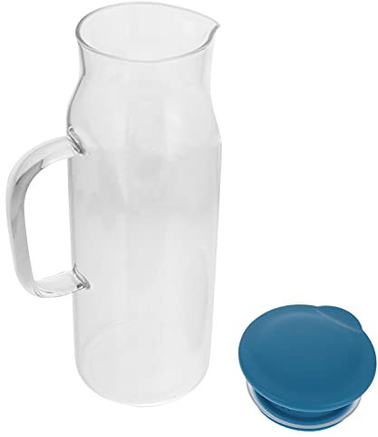 Angoily Glas Krug mit Kunststoff Deckel 1. 3L Wasser Karaffe mit Griff für Heiße Kalte Wasser Kaffee EIS Tee Saft Getränke für Home Küche (Transparent) Blau