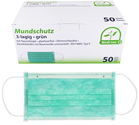 Medi-Inn+ Mundschutz 3-lagig mit Nasenbügel und Elastikbändern grün Typ II (10 x 50 = 500 Stück)