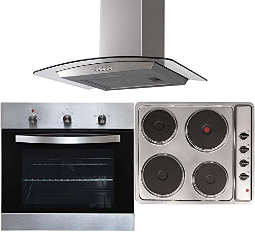 SIA SO113SS 60cm Stainless Steel Built-in/Under Single Electric Fan Oven, PHP601BL 60cm 4 Zone Solid Plate Side Control Hob & Curved Glass Cooker Hood