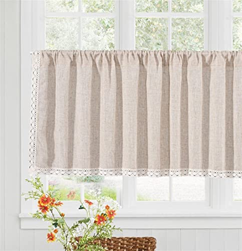 SAYT RLAE Kurze Scheibengardine Blickdicht Bistrogardine Boho Vorhang Baumwolle Leinen Kurzstore Gardinen mit Quasten für Küche Wohnzimmer Schlafzimmer,1 Stück, B150xH90cm