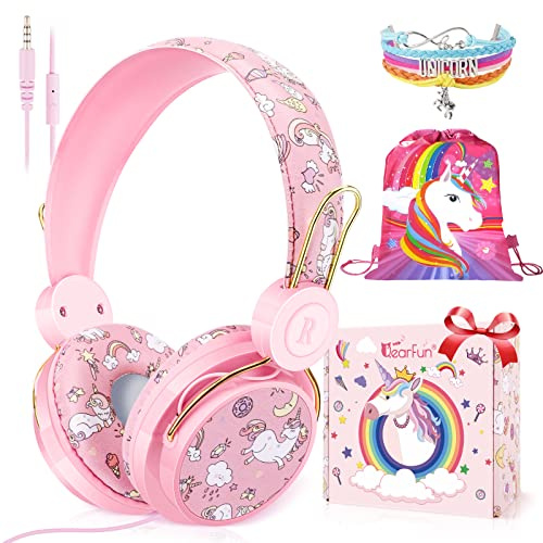 QearFun Auriculares de unicornio para niñas y niños para la escuela, auriculares con cable con micrófono y conector de 3.5 mm, auriculares con cancelación de ruido para adolescentes y niños pequeños