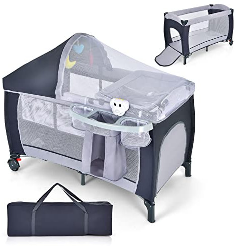 COSTWAY 4 en 1 Lit Parapluie, Parc pour Bébé avec Matelas, Moustiquaire, Entrée Latérale, Sac à Jouets, Boîte à Musique, Table à Langer, Facile à Plier, 0-36 Mois, 120 x 60 x 72 cm (Gris)