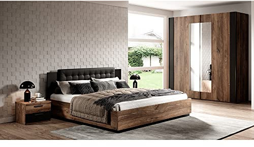 Lomadox Bett mit Lattenrost, Liegefläche 180 x 200 cm und Kleiderschrank in Flagstaf Eiche dunkel Nb. und kupferrot, kombiniert mit schwarz