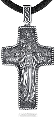 EUDORA Harmony Ball Sterling Silber 925 Guter Hirte Kreuz Kette für Damen Herren, Heiliger Jesus Kreuz Amulett Anhänger Religiöser Halskette Vintage Kreuz Schmuck, Geschenk für Herren Frauen, 61cm