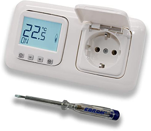 Halmburger Raumthermostat Raumtemperaturregler ERD-1Urg DIGITAL in Busch Jäger Reflex SI alpinweiß 2f Rahmen mit Klappsteckdose + EBROM Phasenprüfer zur Montage der Geräte ERD-1U (rg) Fußbodenheizung